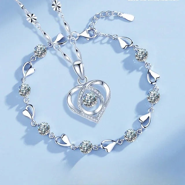 Heart Crystal Necklace & Bracelet Set for Women